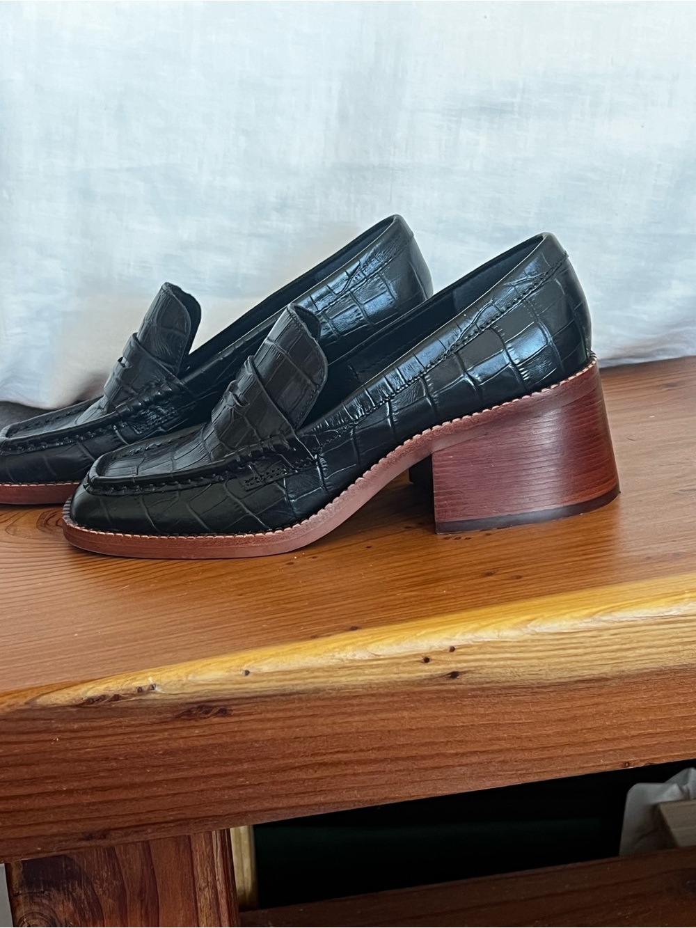 Dolce Vita Black Croc-Embossed Slip-On Loafers with Brown Stacked Heel